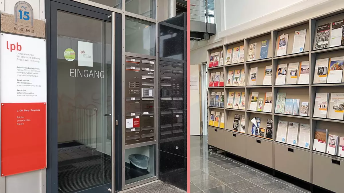 Außenstelle Ludwigsburg, Myliusstraße 15, 71638 Ludwigsburg. Der Eingang befindet sich in der Passage zwischen der Bäckerei Trölsch und dem Gebäude mit denticus und der Shop der Außenstelle Ludwigsburg, Innenansicht. Fotos: LpB Außenstelle Ludwigsburg, Myliusstraße 15, 71638 Ludwigsburg. Der Eingang befindet sich in der Passage zwischen der Bäckerei Trölsch und dem Gebäude mit denticus und der Shop der Außenstelle Ludwigsburg, Innenansicht. Fotos: LpB